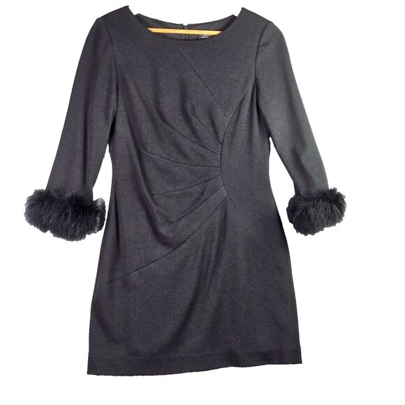 Tahari Black Ruched Side Pleat Feather Cuff Shift Dress 6 Cocktail Statement - Picture 5 of 13